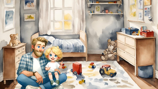 A wide shot of a bedroom with Papa and Félix sitting on the floor and toys strewn about the floor.